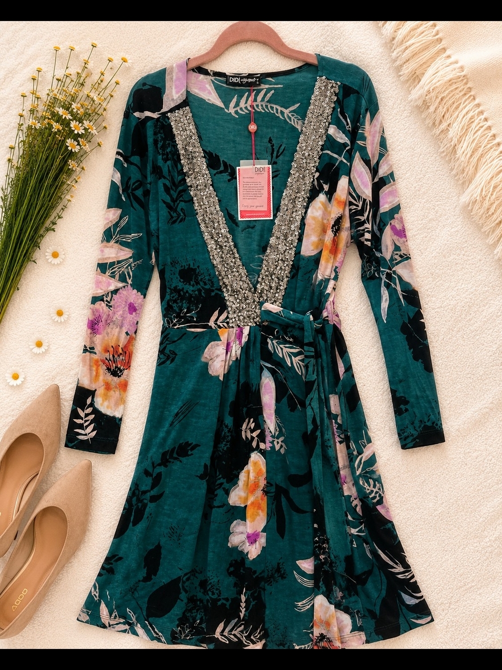 DIDI Emerald Floral Sequin Wrap Dress XL NWT